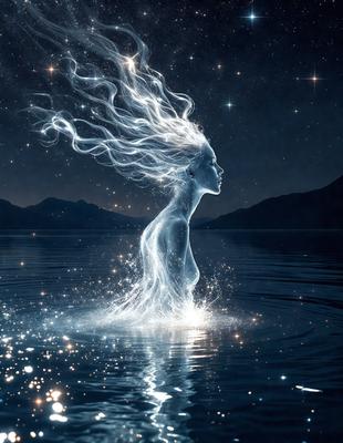 The primary subject of the image is a woman with long hair, who appears to be a mermaid or a supernatural being. She is standing in the water, surrounded by a starry night sky. The setting is a serene lake or ocean, with a mountain visible in the background. The visual style of the image is a combination of digital art and illustration, creating a surreal and dreamy atmosphere. The colors and mood of the image are predominantly blue and purple, with a touch of starlight, giving